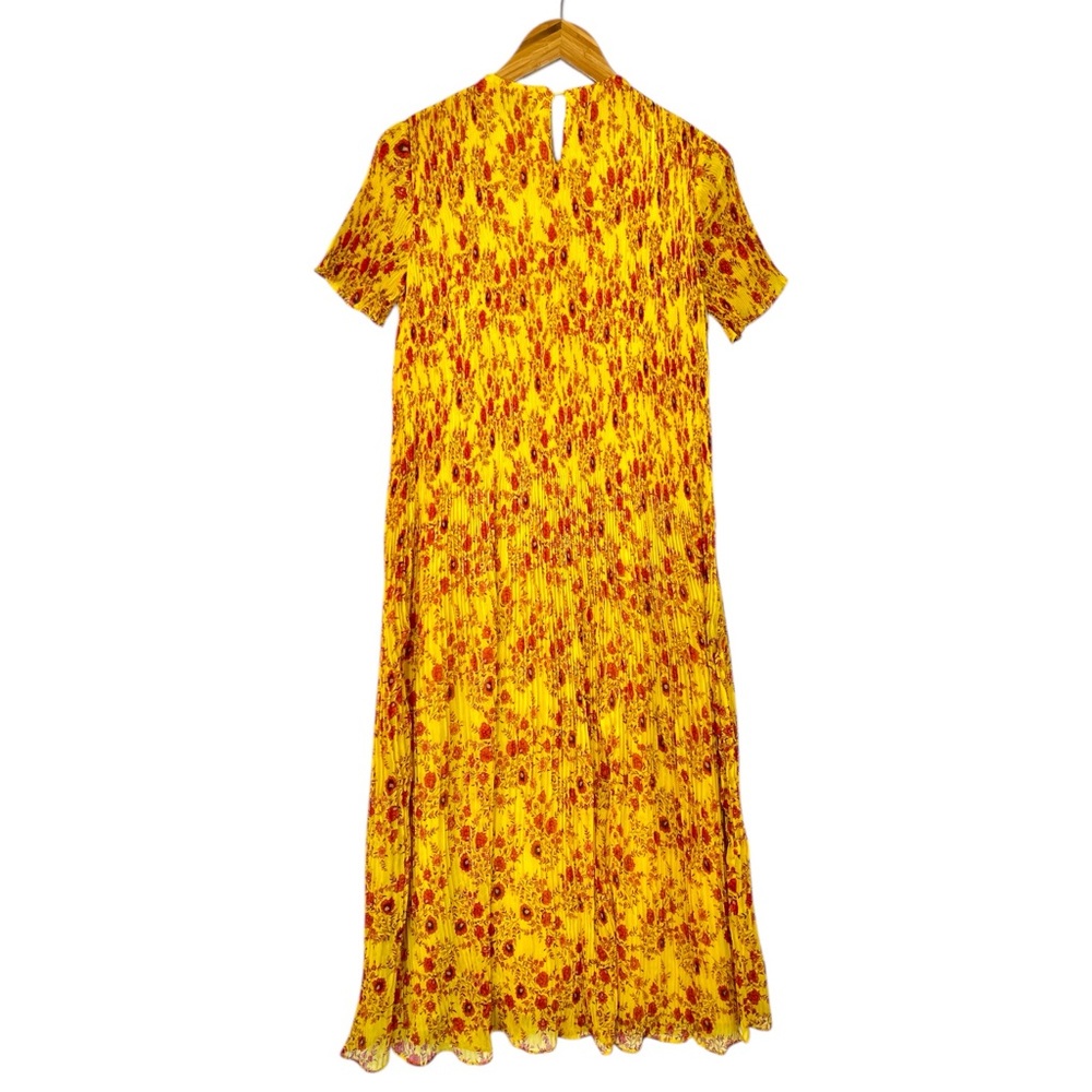 Zara Yellow Floral Pleated Chiffon Midi Dress With Short Sleeves Size Small - Picture 5 of 7